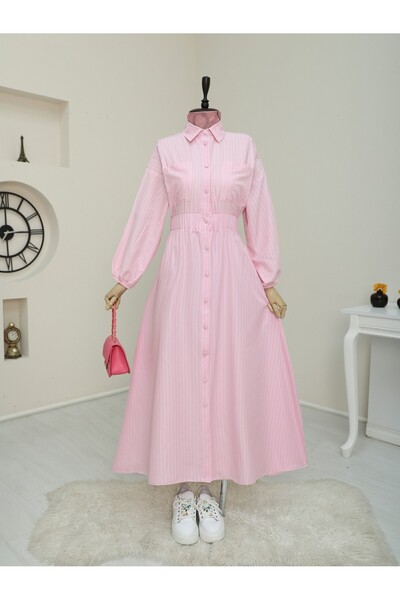 Modamorfo Ριγέ φόρεμα με ελαστική μέση με κουμπιά μπροστά - Ροζ
