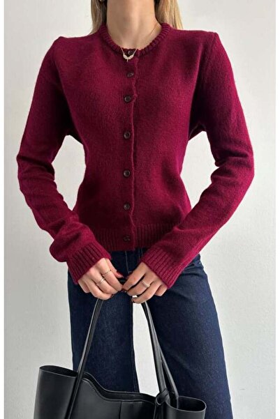 fujya Women's Crew Neck Raised Burgundy Knitwear Cardigan