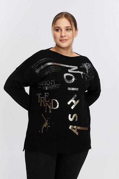 RMG Plus Size Boat Neck Cashmere Blended Printed Knitwear Black