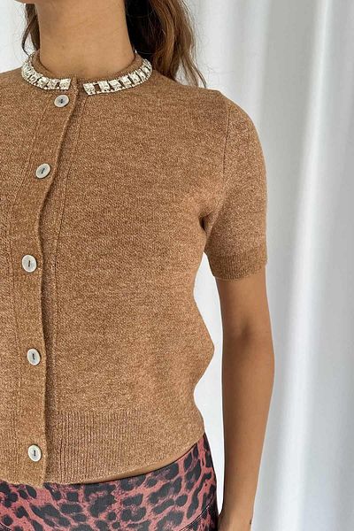 Mine Tan Butik Cardigan maro de damă - cu detaliu de piatră și nasturi