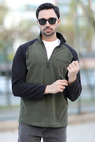JB John Borners Men's Stand Collar Polar Khaki Black Garnished Half Zipper Embroidered - 6055