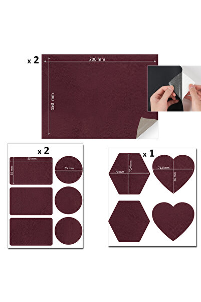 FIXALL ADHESIVE PRODUCTS Yapışkanlı Deri Yaması Tamir Seti. 18 Adet Kaliteli, Yumuşak Düz ve Şekilli Renk BORDO