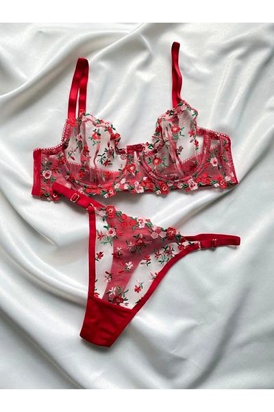 ARONA Floral Lace Red Bra Set