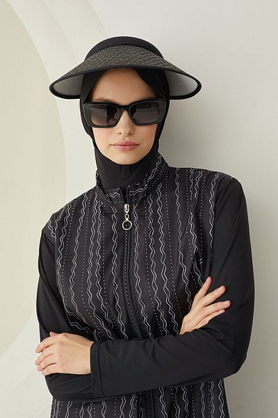 NBB Hijab Swimsuit - Black Line Pattern, Woven