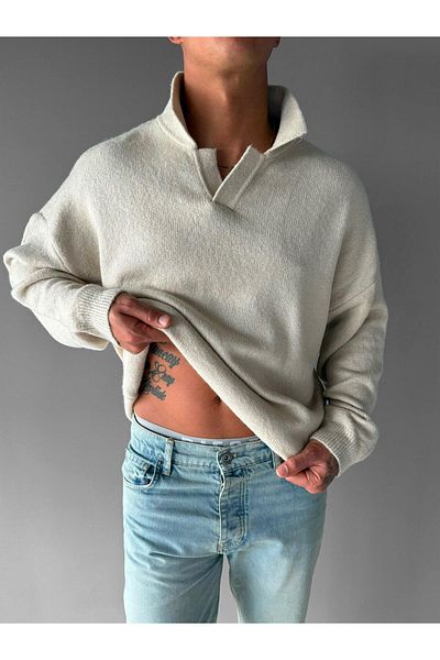 ablukaonline Unisex Polo Neck Soft Textured Oversize Sweater Stone