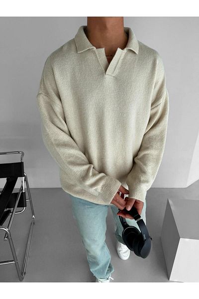 ablukaonline Unisex Polo Neck Soft Textured Oversize Sweater Stone