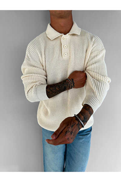 ablukaonline Μπεζ ανδρικό άνετο πουλόβερ με γιακά πόλο