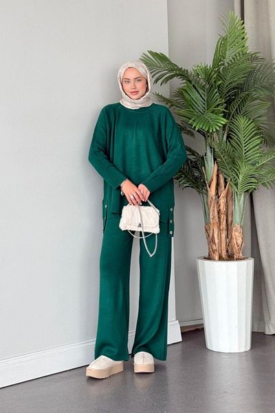 Şule Giyim Metal Buttoned Knitwear Set Petrol Blue