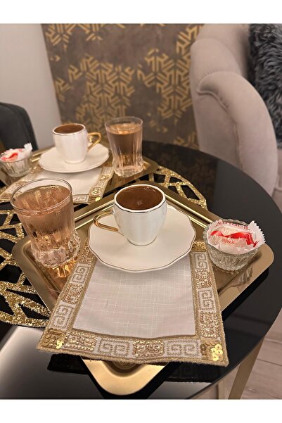 Çt Çeyizci Tekstil 6 مناديل تقديم بلون القهوة - كوكتيل وقاعدة أكواب