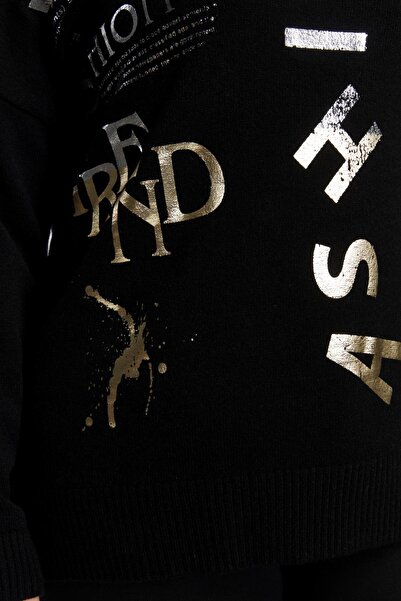 RMG Συν μέγεθος πουλόβερ με τυπωμένο λαιμό κασμίρι μαύρο