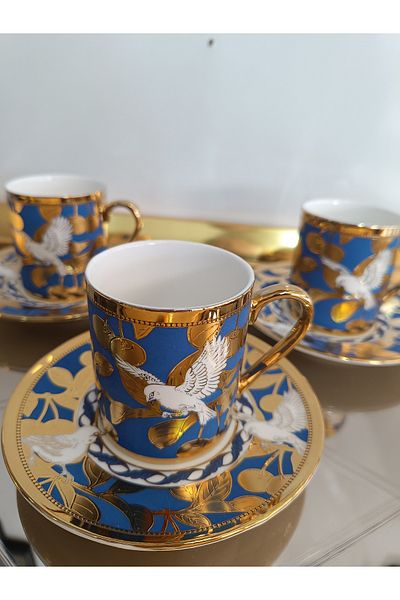 DEKOR ZÜCCACİYE HOME Kosova 6 Seater Bird Pattern Embossed Blue Coffee Cup