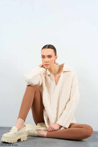 My Blog Pulover tricotat cu decolteu în V crem - 231208