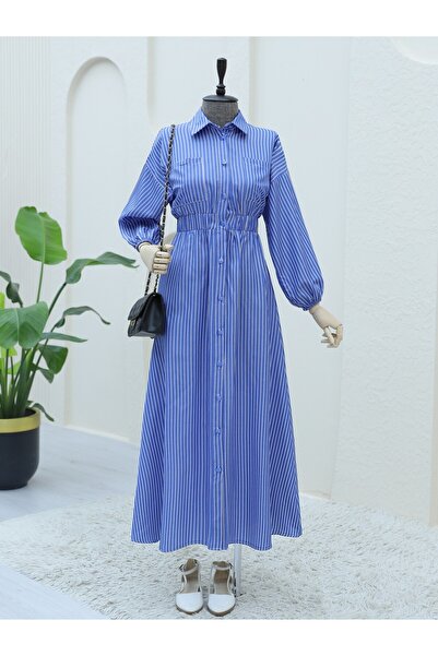 Modamorfo Rochie cu dungi elastice în talie cu nasturi în față - Albastru închis