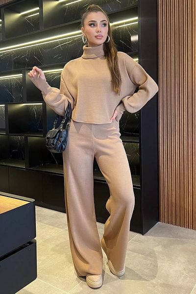 GÜLSELİ Biscuit Women's Finger Snap High Waist Knitwear Set