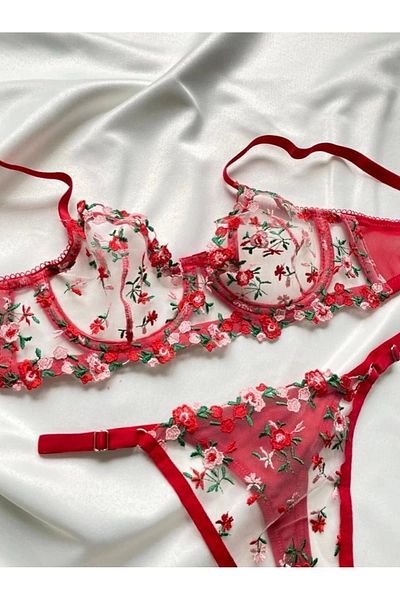 ARONA Floral Lace Red Bra Set