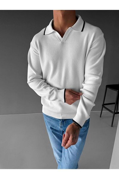 ablukaonline Ecru Men's Polo Neck Slim Ribbed Sweater