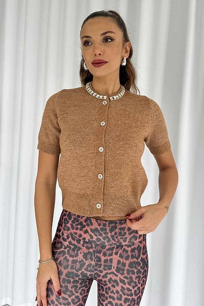 Mine Tan Butik Cardigan maro de damă - cu detaliu de piatră și nasturi