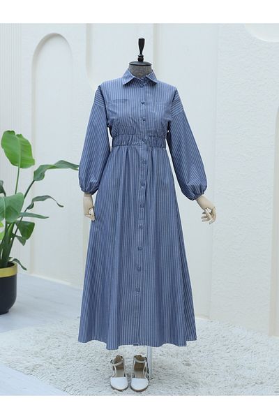 Modamorfo Gestreiftes Kleid mit Knopfleiste vorne und elastischem Bund – dunkel
