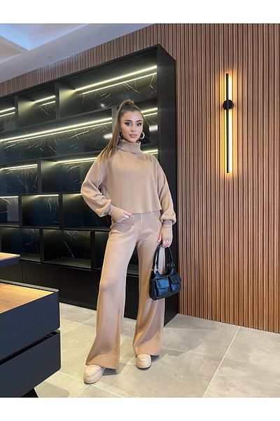 GÜLSELİ Biscuit Women's Finger Snap High Waist Knitwear Set