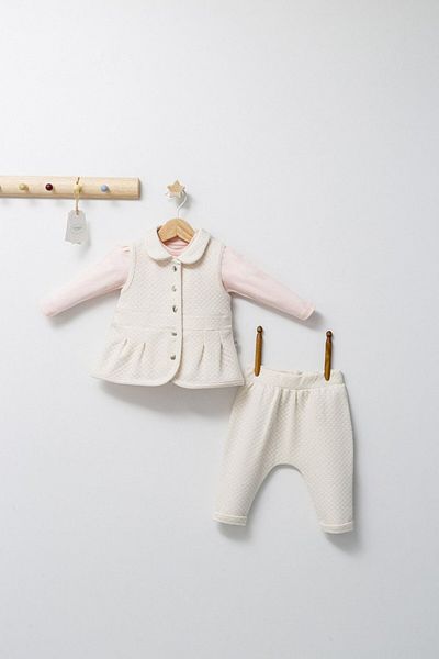 Tongs Baby Set 3 piese: pantaloni, bluzita si vestuta elegantaParis Love, Tongs baby Ecru