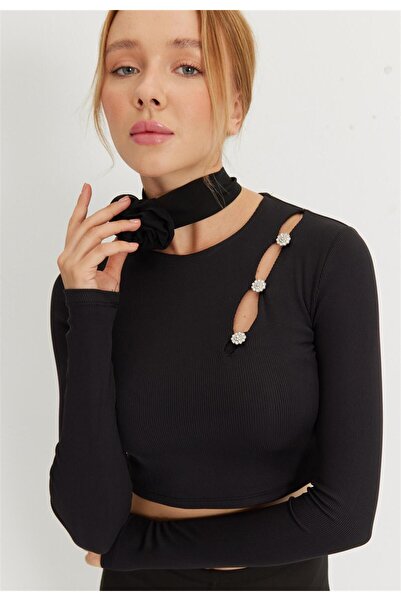 TUBİA Μαύρη μακρυμάνικη φλοράλ γυναικεία μπλούζα Crop