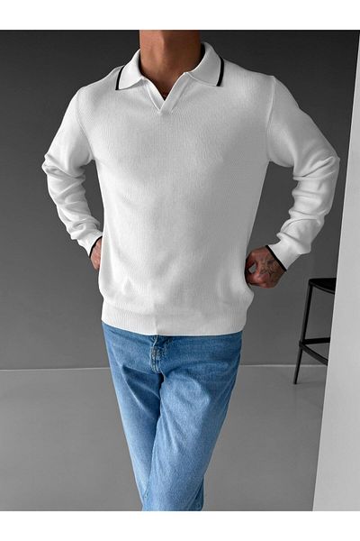 ablukaonline Ecru Men's Polo Neck Slim Ribbed Sweater