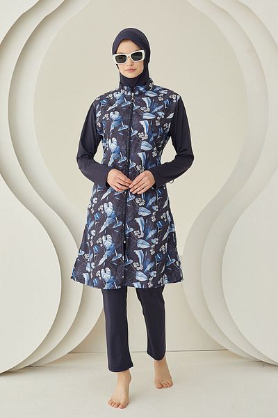NBB Navy Blue Floral Patterned Hijab Swimsuit