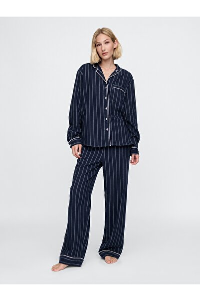 GAP Kadın Lacivert Desenli Flannel Pijama Takımı