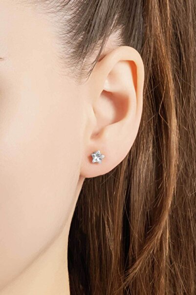 So CHIC... Yıldız Taşlı 18 Ayar Beyaz Altın Kaplama Gümüş Tek Taş Küpe