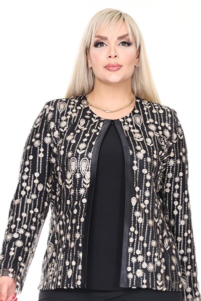 Ladies First Büyük Beden 3926 Siyah-Altın Ceket+Bluz Takım