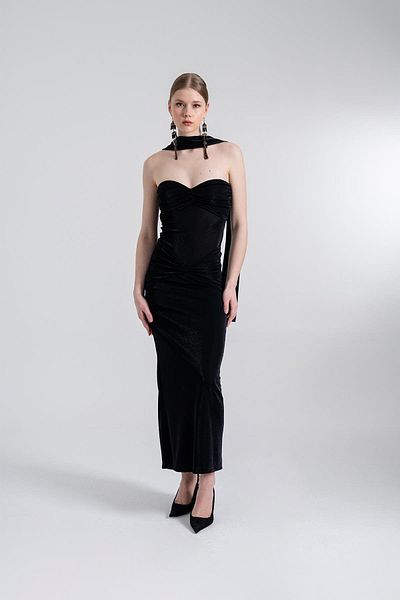 HOLLY LOLLY Shiny Fabric Long Gabrielle Dress with Scarf Black