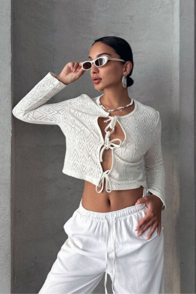 TOPSHOW Front Tie Cotton Embroidery Blouse - Cream Jb 2514568987