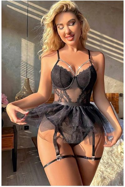 NİMSE LOVE Γυναικείο σέξι κόκκινη λεοπάρ μοτίβο babydoll με λεπτομέρεια αλυσίδας