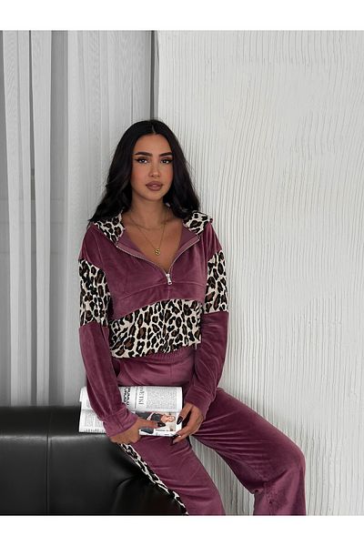 Gugus Set de trening pentru damă cu imprimeu leopard - picior largi, glugă și fermoar