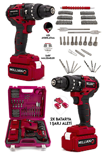 Millian Profesyonel 10 Pilli 2 Akülü 10 Mm Çelik Mandrenli Darbeli Vidalama M...
