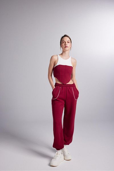 HOLLY LOLLY Elastic Leg Constrast Stitched Rhode Sweatpants Burgundy