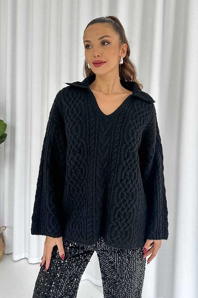 Mine Tan Butik Tunica pulover lunga din tricot cu decolteu in V - Neagra