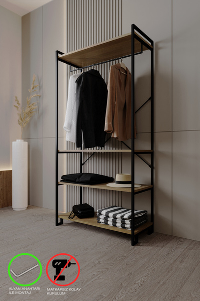 toprakhome 180cm Ahşap Raflı Geniş Metal Gardrop Dekoratif Elbise Dolabı Çam ...