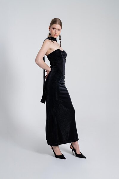 HOLLY LOLLY Shiny Fabric Long Gabrielle Dress with Scarf Black