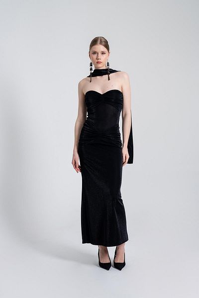 HOLLY LOLLY Shiny Fabric Long Gabrielle Dress with Scarf Black