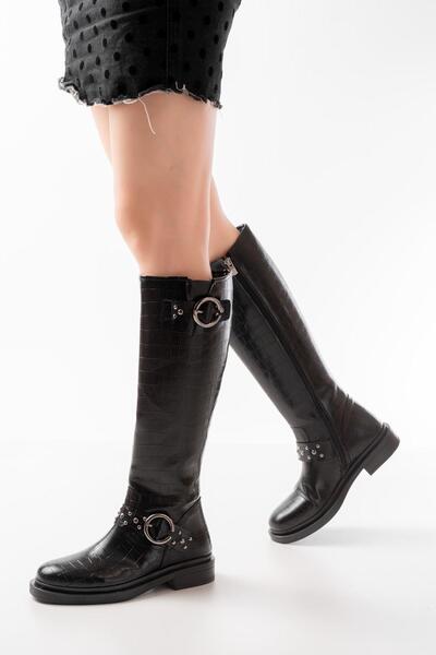 Aymood 2024-3004 Μαύρες γυναικείες μπότες με ελαστικό φερμουάρ και αξεσουάρ με αγκράφα κροκόδειλου