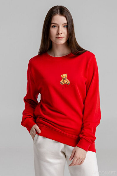Peluş Turuncu Ayıcık Baskılı UNİSEX Oversize 0 Yaka Sweetshirt %100 Pamuk