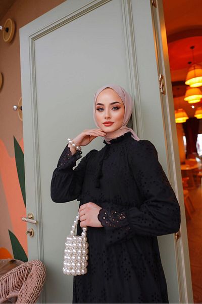 PİNK FLY Black Long Hijab Dress - Embroidery Laced and Tassel Detail