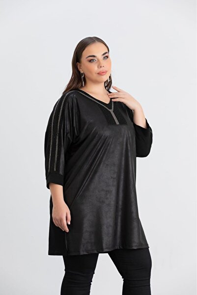 RMG Πλεκτή Μπλούζα Πέτρινη Λεπτομέρεια Plus Size Μαύρη