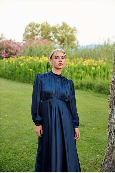 Tailors Room Rochie vintage din satin bleumarin