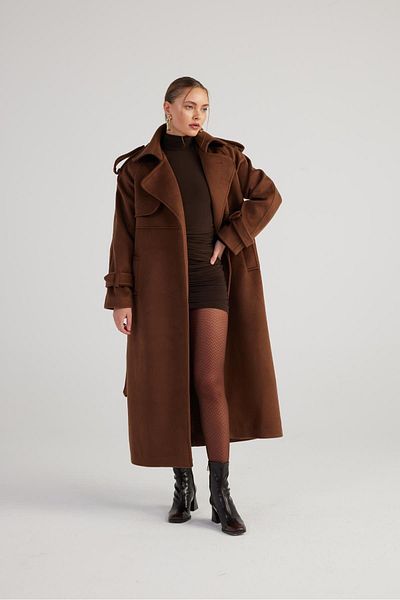 HOLLY LOLLY Long Stamp Nora Coat - Belt and Sash Detail, Brown