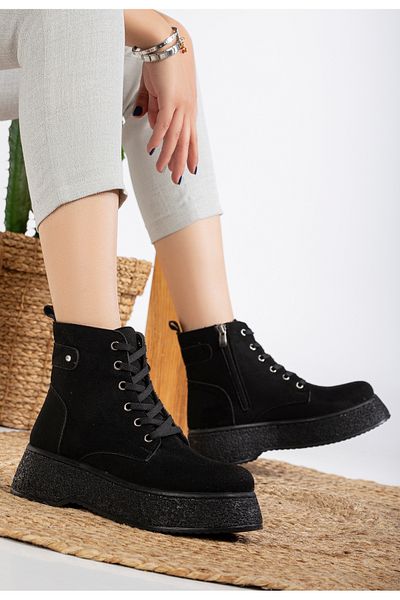 Mc vay Shoes Γυναικείες μαύρες σουέτ πέτρινες κομψές ορθοπεδικές μπότες με κορδόνια και φερμουάρ