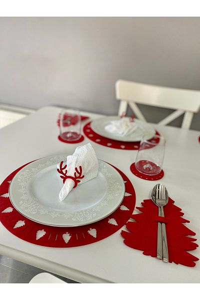 Mini Tasarım Atölyem Christmas Pine Tree Patterned Tableware Presentation Dish Set for 2 People (8 Pcs)