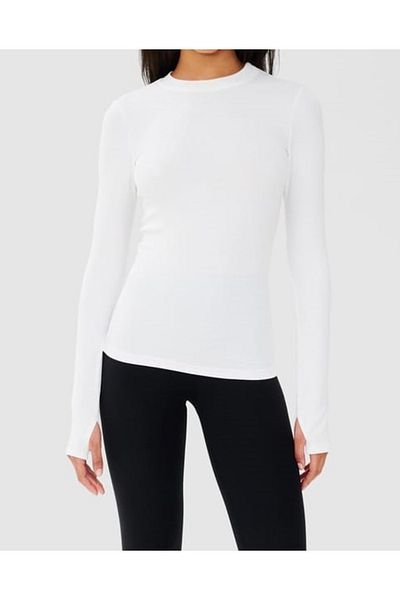 MADAM SHİLA Λευκό σώμα Darkalıp Slimfit Soft Touch Crew Neck Fingered αθλητικό μπλουζάκι