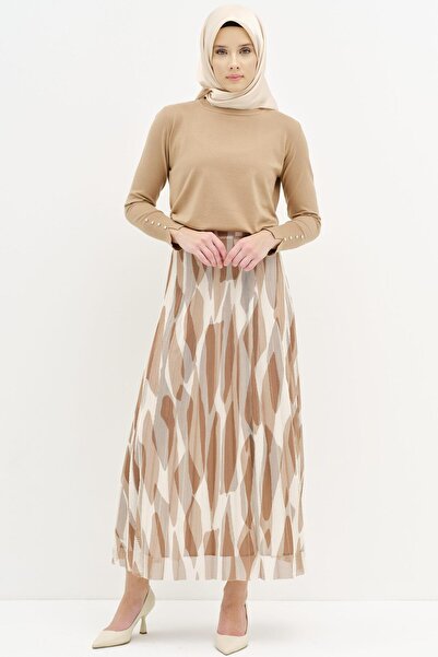 Tuğba Desenli File Plisoley Etek - Kahve